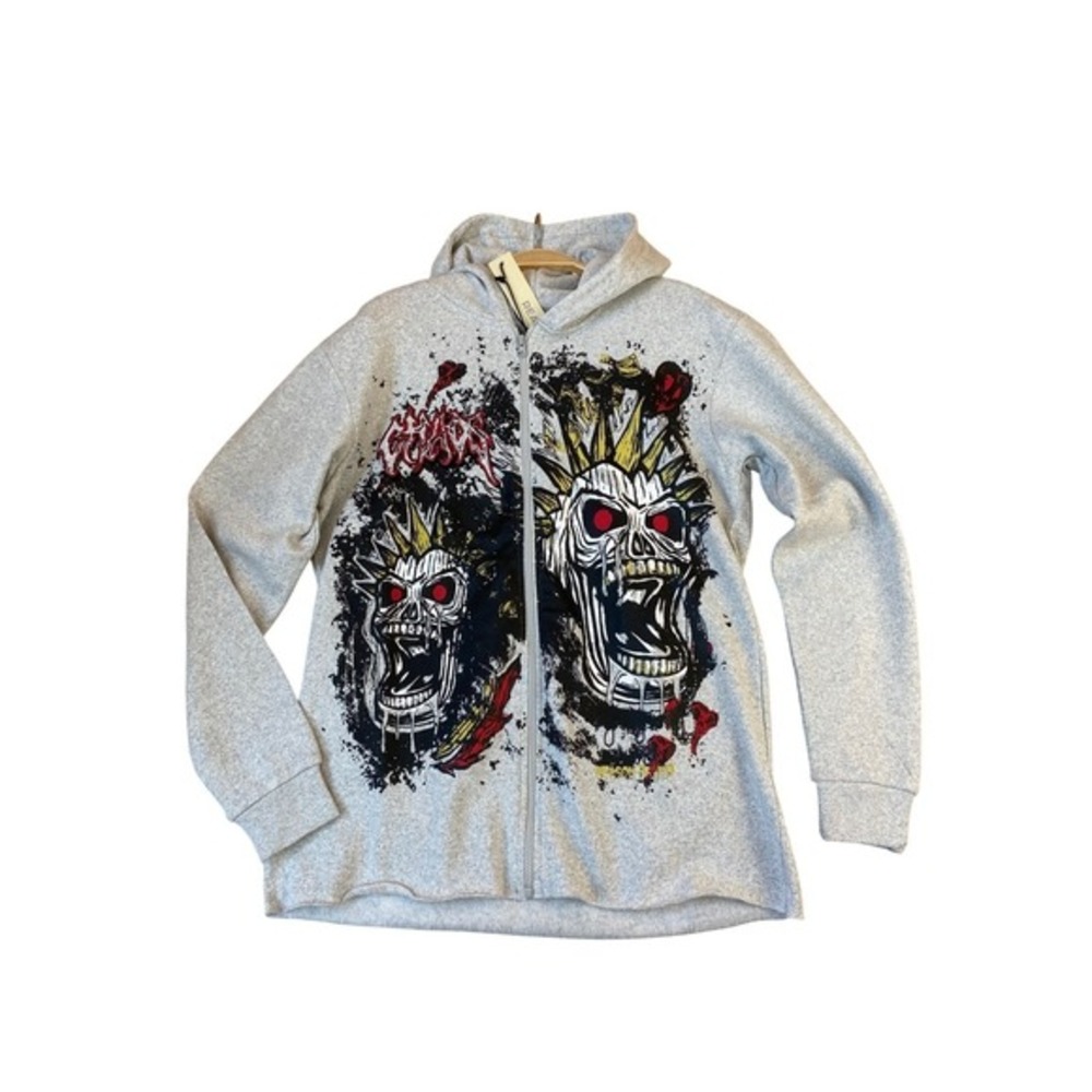 Reason Beware Embroidered Skull Hoodie Men L Grey Streetwear Gothic Punk Zip NWT